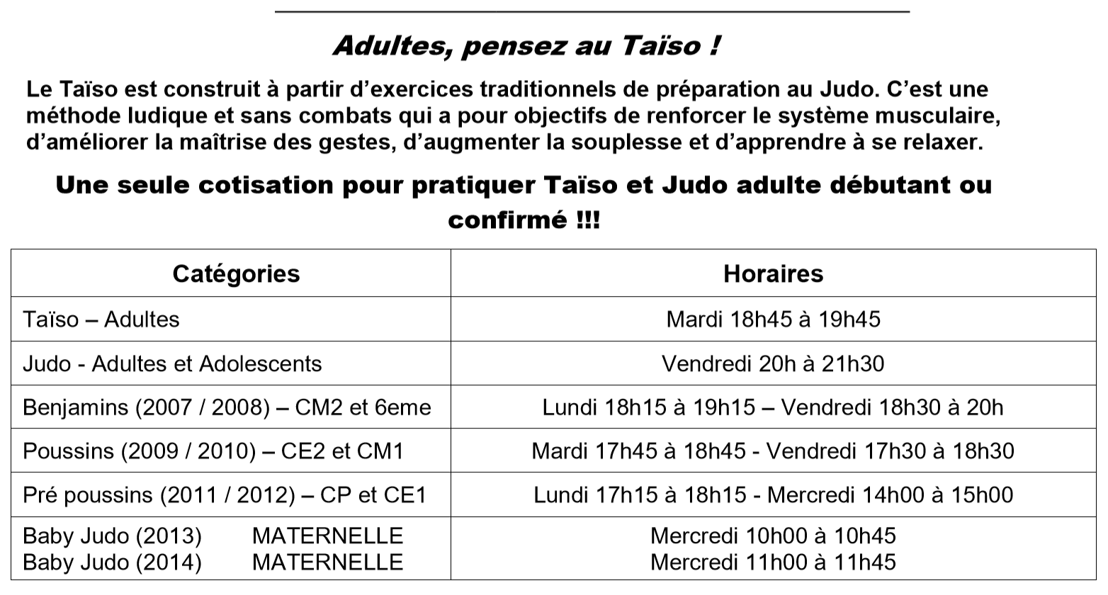tableau des horaires du Club de Judo de Lavérune